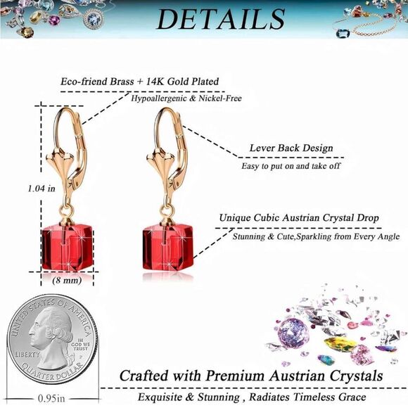 14K Yellow Gold with Ruby Red Austrian Crystal Cube Leverback Dangling Earrings - Picture 7 of 7